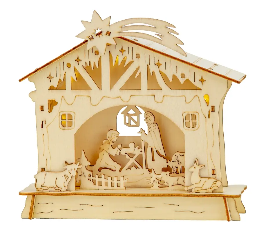 Wooden house Nativity Led Light 17x18cm
